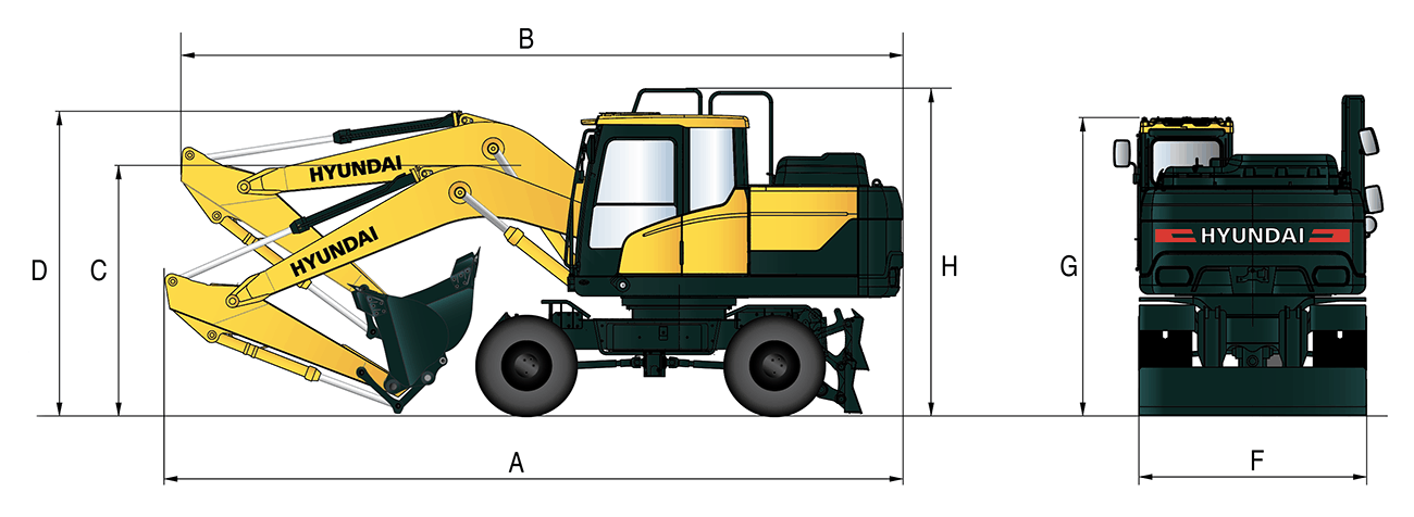 The dimensions of a Hyundai HW140 are shown.