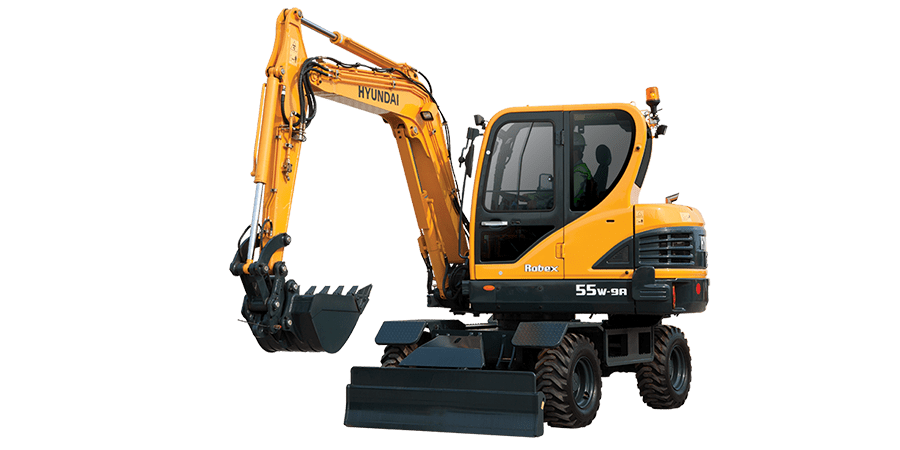 A Hyundai R55W-9A Wheeled Excavator is on a white background.