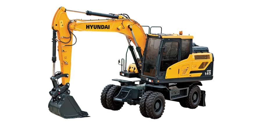 A yellow Hyundai HW140 is facing left on a white background.